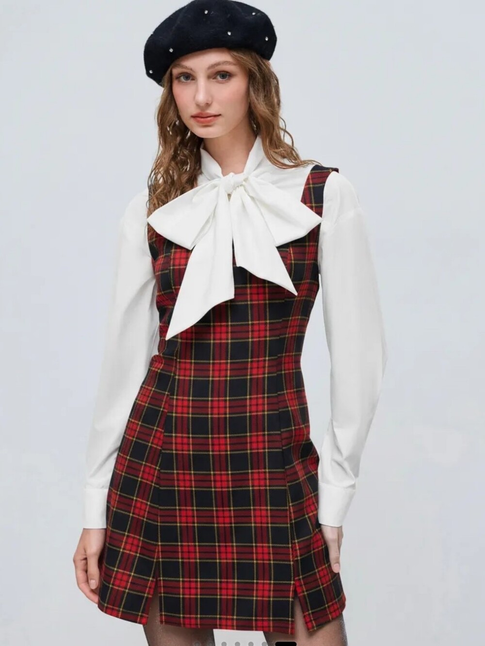 Cider Women's Red Plaid Scoop-Neck Pinafore Dress
